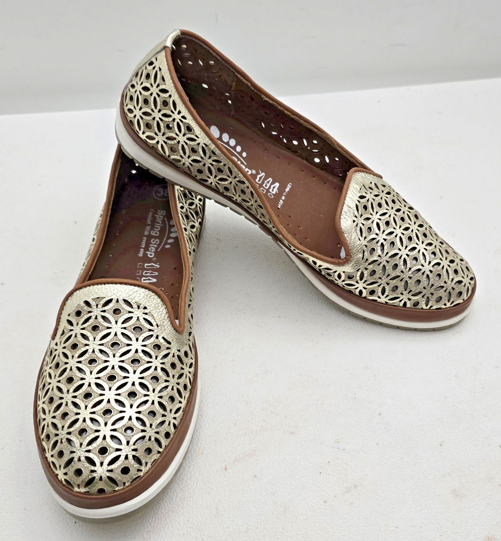 Spring Step Tulisa Gold Leather Slip On Laser-Cut Flat Loafers SZ 38/US 7.5-8